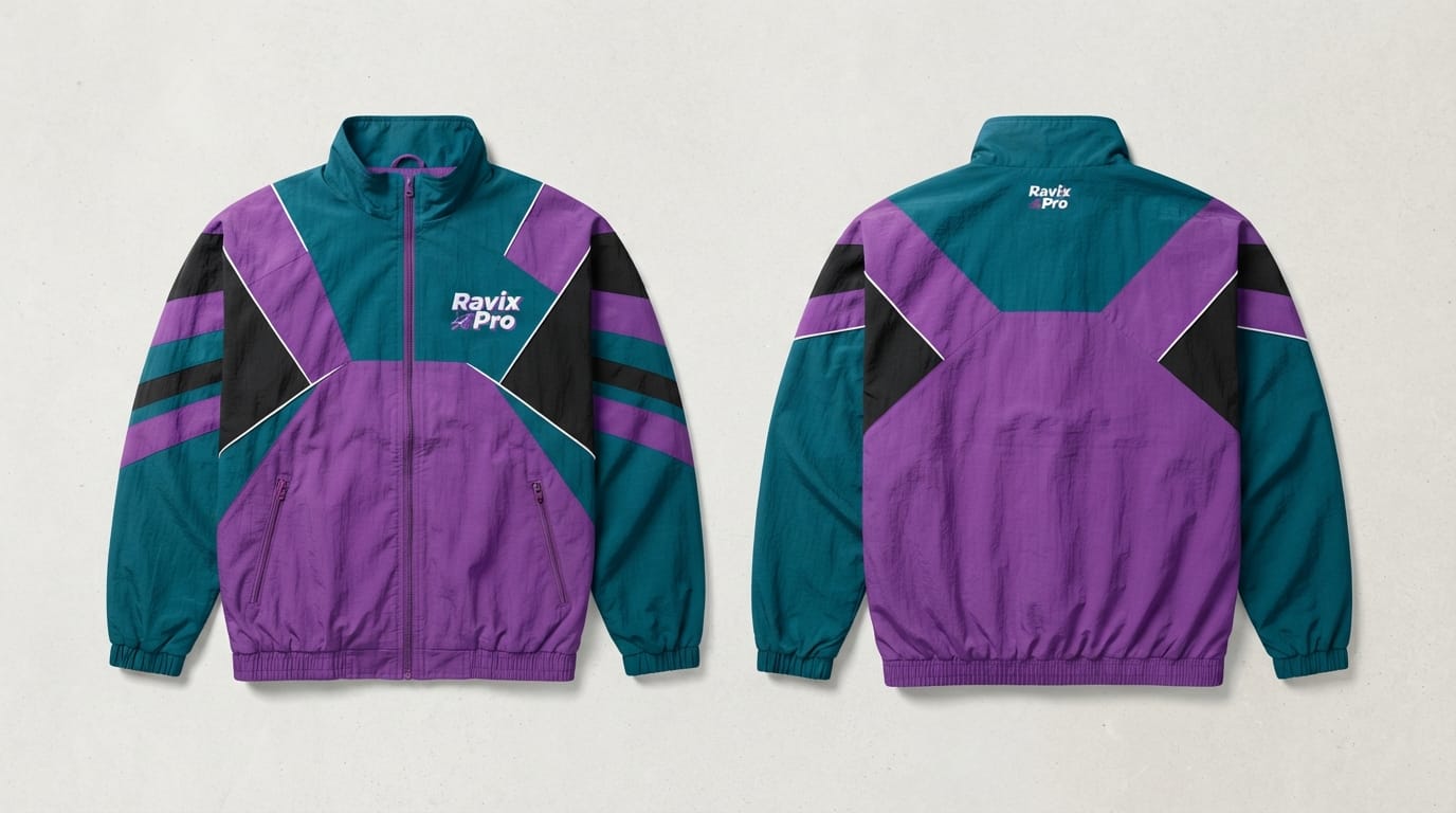 Custom Retro 90s Colour-Block Windbreaker Jacket Custom Retro 90s Colour-Block Windbreaker Jacket – front and back view, custom manufactured by Ravix Pro Industry, Sialkot