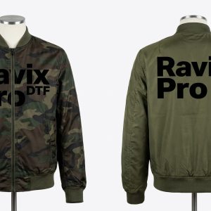 Custom Camo and Olive Reversible Bomber – front and back view, custom manufactured by Ravix Pro Industry, Sialkot