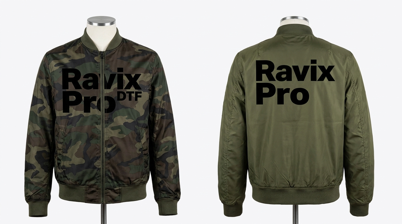 Custom Camo and Olive Reversible Bomber Custom Camo and Olive Reversible Bomber – front and back view, custom manufactured by Ravix Pro Industry, Sialkot