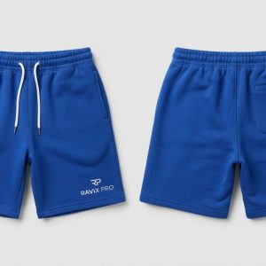 Custom Royal Blue Fleece Shorts with Small Logo – front and back view, custom manufactured by Ravix Pro Industry, Sialkot
