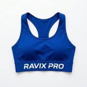 Custom Royal Blue Racerback Sports Bra – front and back view, custom manufactured by Ravix Pro Industry, Sialkot