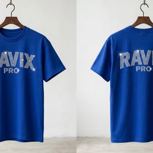 Custom Royal Blue Tee with Rhinestone Logo – front and back view, custom manufactured by Ravix Pro Industry, Sialkot
