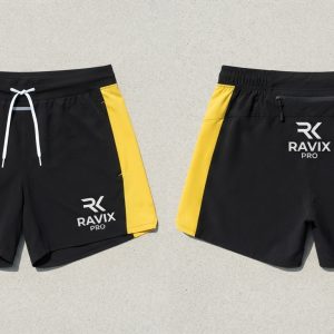 Custom Black and Yellow Panel Running Shorts – front and back view, custom manufactured by Ravix Pro Industry, Sialkot