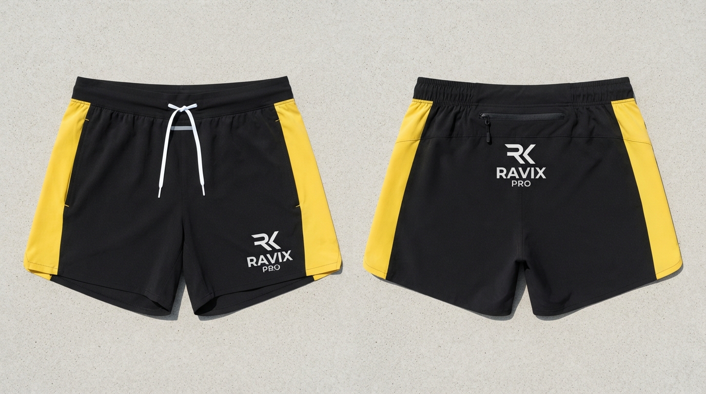Custom Black and Yellow Panel Running Shorts Custom Black and Yellow Panel Running Shorts – front and back view, custom manufactured by Ravix Pro Industry, Sialkot