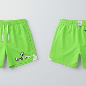 Custom Neon Green Running Shorts with Zip Pocket – front and back view, custom manufactured by Ravix Pro Industry, Sialkot