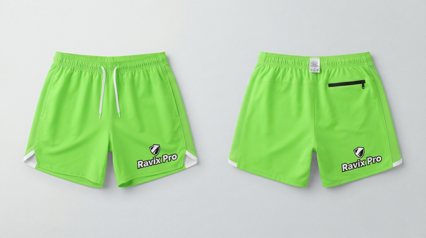 Custom Neon Green Running Shorts with Zip Pocket Custom Neon Green Running Shorts with Zip Pocket – front and back view, custom manufactured by Ravix Pro Industry, Sialkot