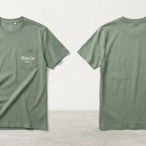 Custom Sage Green Pocket Tee with Logo – front and back view, custom manufactured by Ravix Pro Industry, Sialkot