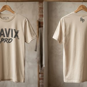 Custom Cream Tee with Italic Black Logo – front and back view, custom manufactured by Ravix Pro Industry, Sialkot