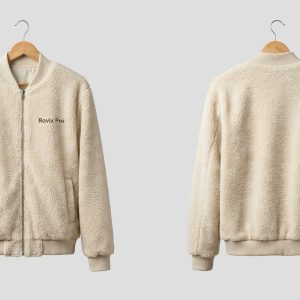 Custom Cream Sherpa Fleece Bomber Jacket – front and back view, custom manufactured by Ravix Pro Industry, Sialkot