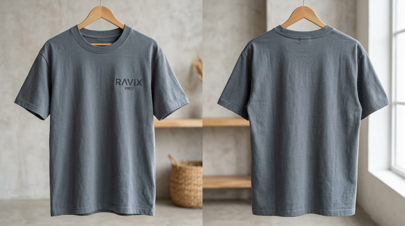 Custom Slate Grey T-Shirt with Tonal Chest Logo Custom Slate Grey T-Shirt with Tonal Chest Logo – front and back view, custom manufactured by Ravix Pro Industry, Sialkot