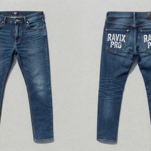 Custom Mid Wash Jeans with Double Back Pocket Print – front and back view, custom manufactured by Ravix Pro Industry, Sialkot
