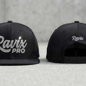 Custom Black Flat Brim Snapback Cap with Rhinestone Logo – front and back view, custom manufactured by Ravix Pro Industry, Sialkot