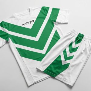 Custom White and Green Chevron Soccer Kit – front and back view, custom manufactured by Ravix Pro Industry, Sialkot