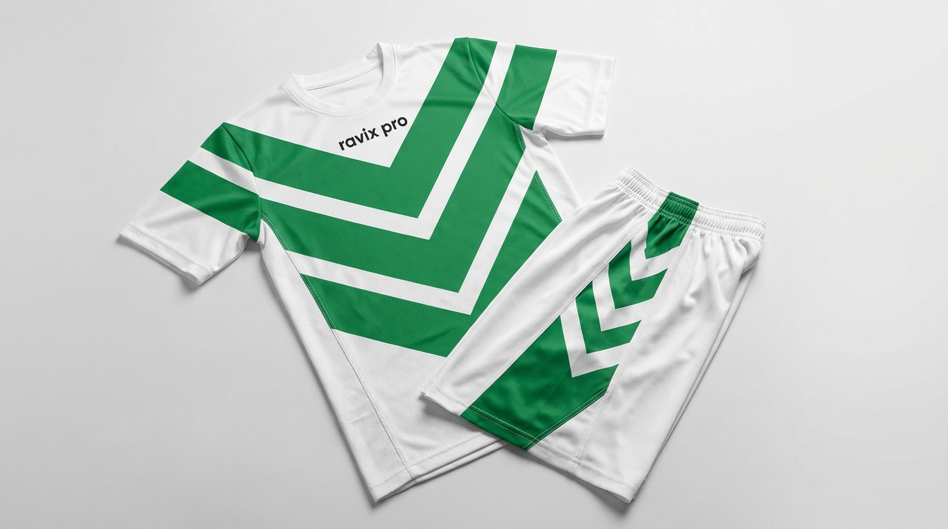 Custom White and Green Chevron Soccer Kit Custom White and Green Chevron Soccer Kit – front and back view, custom manufactured by Ravix Pro Industry, Sialkot