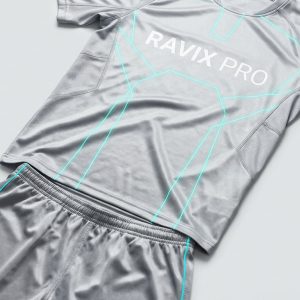 Custom Silver Grey Soccer Kit with Mint Lines – front and back view, custom manufactured by Ravix Pro Industry, Sialkot