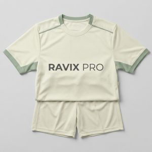 Custom Cream and Sage Soccer Kit – front and back view, custom manufactured by Ravix Pro Industry, Sialkot