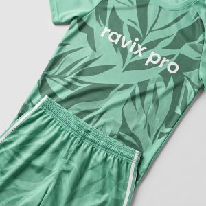 Custom Mint Leaf Print Soccer Kit – front and back view, custom manufactured by Ravix Pro Industry, Sialkot