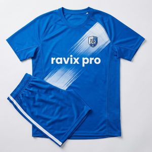 Custom Royal Blue Brush Stroke Soccer Kit – front and back view, custom manufactured by Ravix Pro Industry, Sialkot