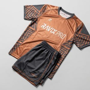 Custom Copper Tribal Pattern Soccer Kit – front and back view, custom manufactured by Ravix Pro Industry, Sialkot