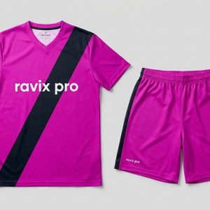 Custom Magenta and Navy Sash Soccer Kit – front and back view, custom manufactured by Ravix Pro Industry, Sialkot