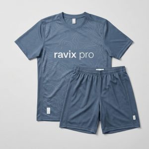 Custom Slate Blue Training Soccer Kit – front and back view, custom manufactured by Ravix Pro Industry, Sialkot