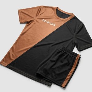 Custom Copper and Black Diagonal Soccer Kit – front and back view, custom manufactured by Ravix Pro Industry, Sialkot