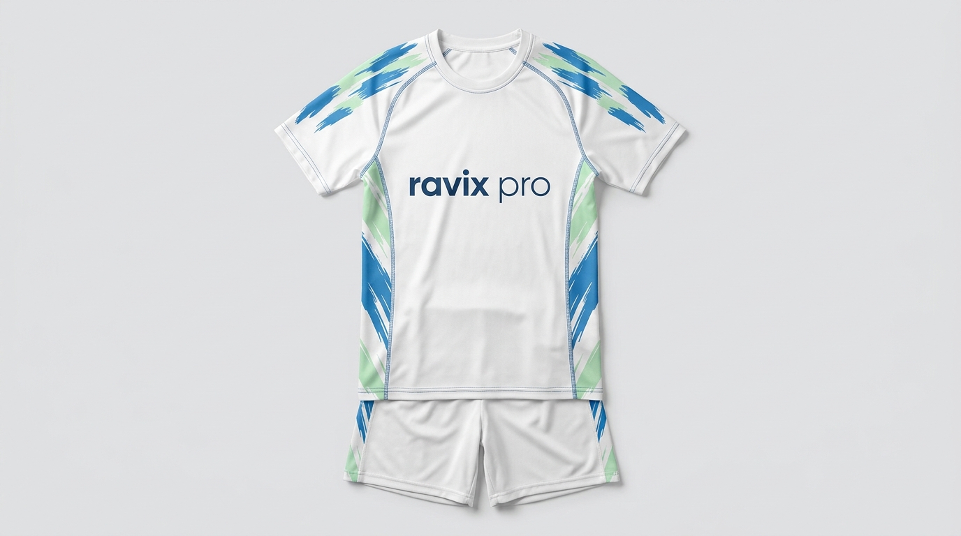 Custom White Soccer Kit with Blue Sleeve Graphics Custom White Soccer Kit with Blue Sleeve Graphics – front and back view, custom manufactured by Ravix Pro Industry, Sialkot