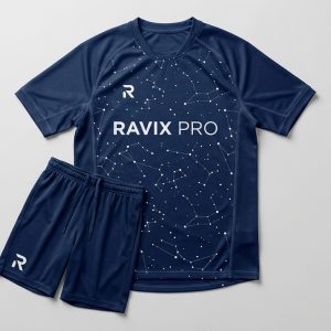 Custom Navy Constellation Soccer Kit – front and back view, custom manufactured by Ravix Pro Industry, Sialkot