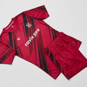 Custom Red Diagonal Stripe Soccer Kit – front and back view, custom manufactured by Ravix Pro Industry, Sialkot