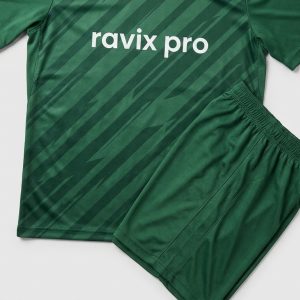 Custom Green Diagonal Shadow Stripe Soccer Kit – front and back view, custom manufactured by Ravix Pro Industry, Sialkot