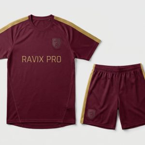 Custom Maroon and Gold Shoulder Stripe Soccer Kit – front and back view, custom manufactured by Ravix Pro Industry, Sialkot