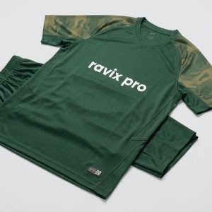 Custom Green Soccer Kit with Marble Sleeves – front and back view, custom manufactured by Ravix Pro Industry, Sialkot