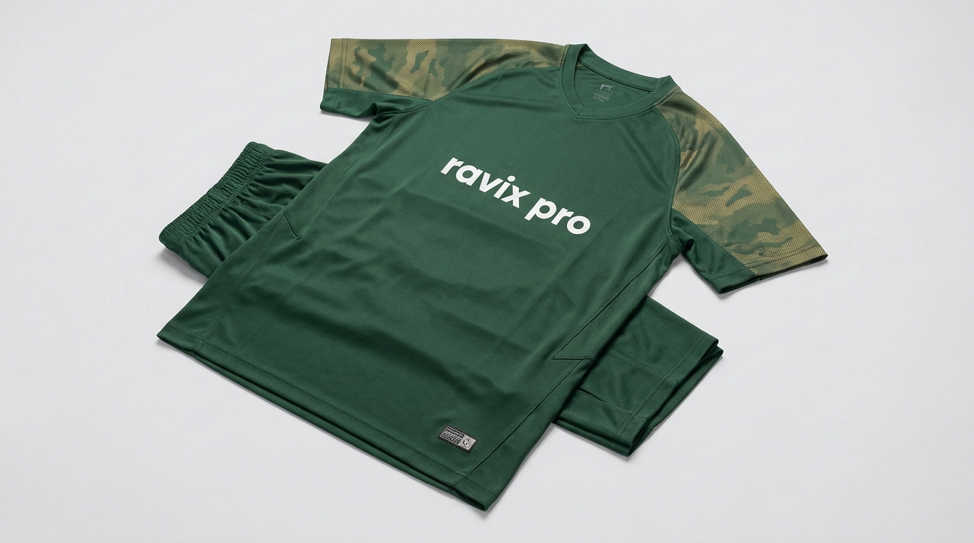 Custom Green Soccer Kit with Marble Sleeves Custom Green Soccer Kit with Marble Sleeves – front and back view, custom manufactured by Ravix Pro Industry, Sialkot