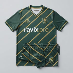 Custom Green and Gold Diagonal Pinstripe Soccer Kit – front and back view, custom manufactured by Ravix Pro Industry, Sialkot