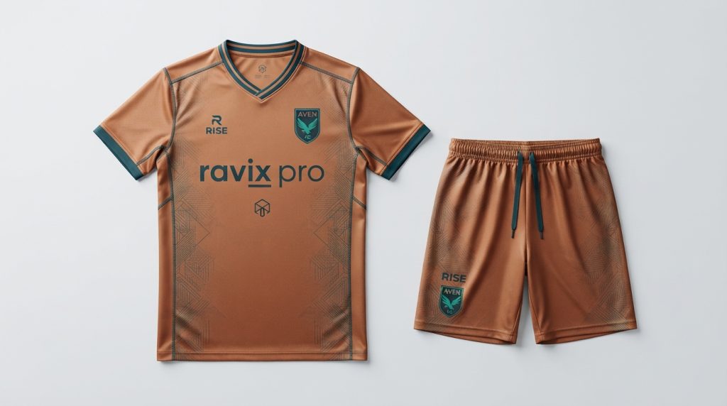 School Sports Uniform and PE Kit Guide for Schools and Academies Custom Tan and Green Retro Soccer Kit – custom manufactured by Ravix Pro Industry, Sialkot, Pakistan