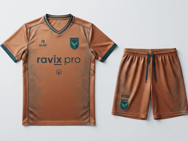 Custom Tan and Green Retro Soccer Kit – custom manufactured by Ravix Pro Industry, Sialkot, Pakistan