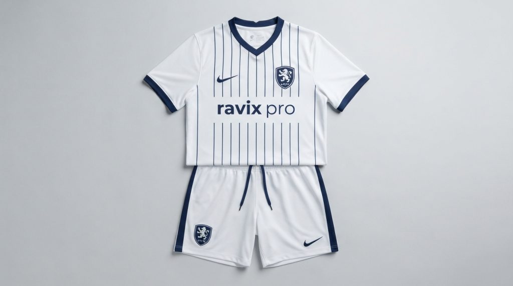 How to Design Custom Soccer Jerseys and Football Kits Custom White Pinstripe Soccer Kit with Navy Trim – custom manufactured by Ravix Pro Industry, Sialkot, Pakistan