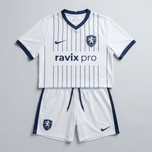 Custom White Pinstripe Soccer Kit with Navy Trim – custom manufactured by Ravix Pro Industry, Sialkot, Pakistan