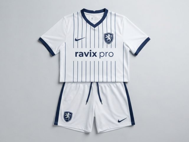 Custom White Pinstripe Soccer Kit with Navy Trim – custom manufactured by Ravix Pro Industry, Sialkot, Pakistan