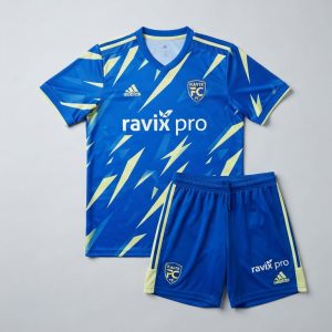 Custom Royal Blue Brushstroke Soccer Kit – custom manufactured by Ravix Pro Industry, Sialkot, Pakistan
