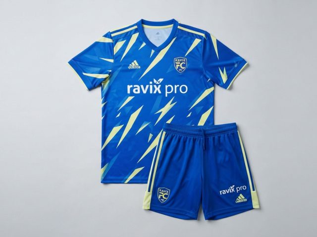 Custom Royal Blue Brushstroke Soccer Kit – custom manufactured by Ravix Pro Industry, Sialkot, Pakistan