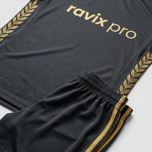 Custom Black and Gold Laurel Soccer Kit – front and back view, custom manufactured by Ravix Pro Industry, Sialkot