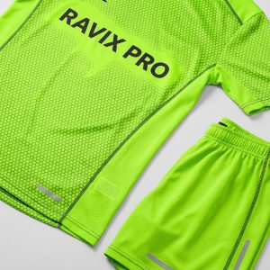 Custom Neon Lime Mesh Soccer Kit – front and back view, custom manufactured by Ravix Pro Industry, Sialkot