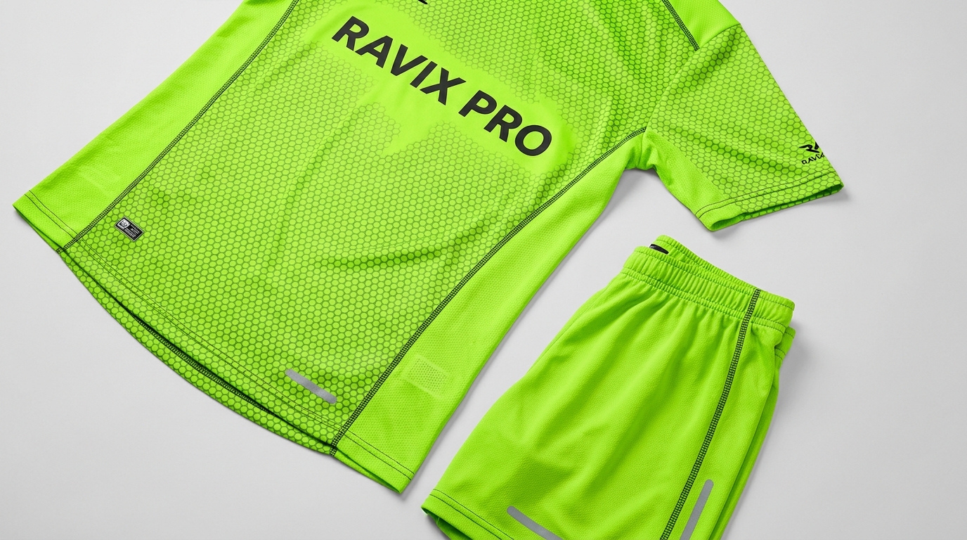 Custom Neon Lime Mesh Soccer Kit Custom Neon Lime Mesh Soccer Kit – front and back view, custom manufactured by Ravix Pro Industry, Sialkot