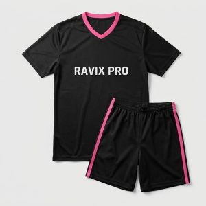 Custom Black and Pink Trim Soccer Kit – front and back view, custom manufactured by Ravix Pro Industry, Sialkot