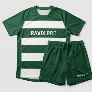 Custom Green and White Hoops Soccer Kit – front and back view, custom manufactured by Ravix Pro Industry, Sialkot
