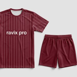 Custom Maroon Pinstripe Crew Neck Soccer Kit – front and back view, custom manufactured by Ravix Pro Industry, Sialkot