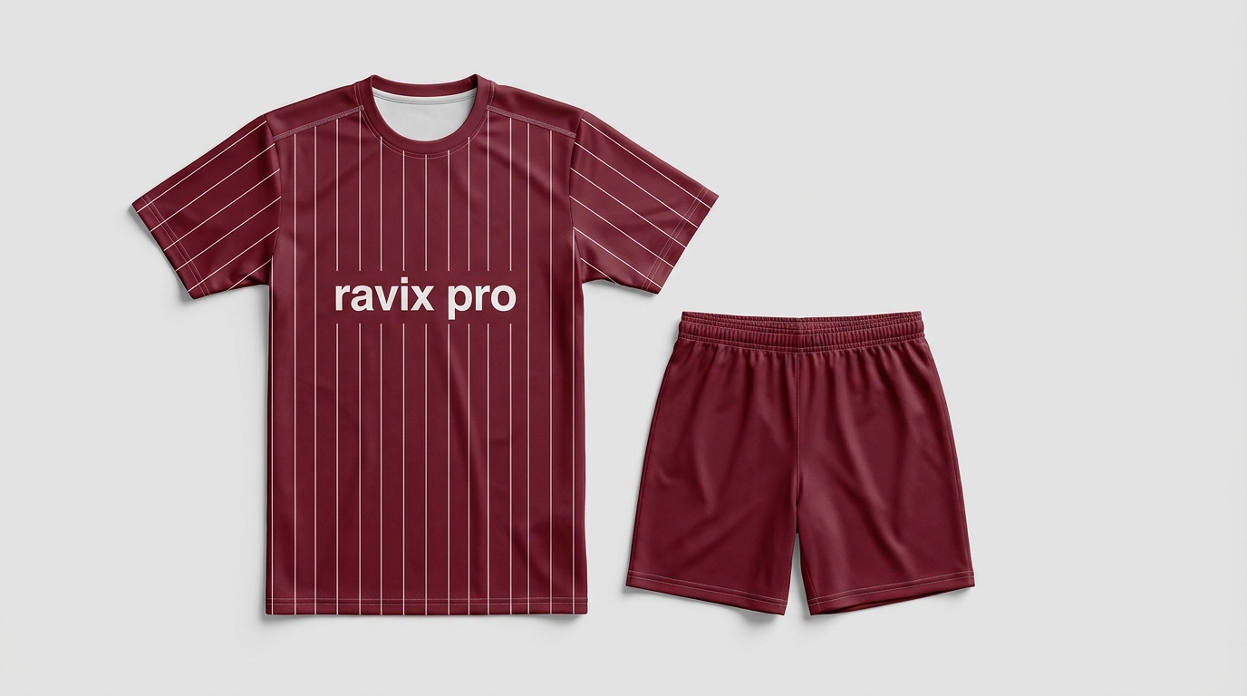 Custom Maroon Pinstripe Crew Neck Soccer Kit Custom Maroon Pinstripe Crew Neck Soccer Kit – front and back view, custom manufactured by Ravix Pro Industry, Sialkot