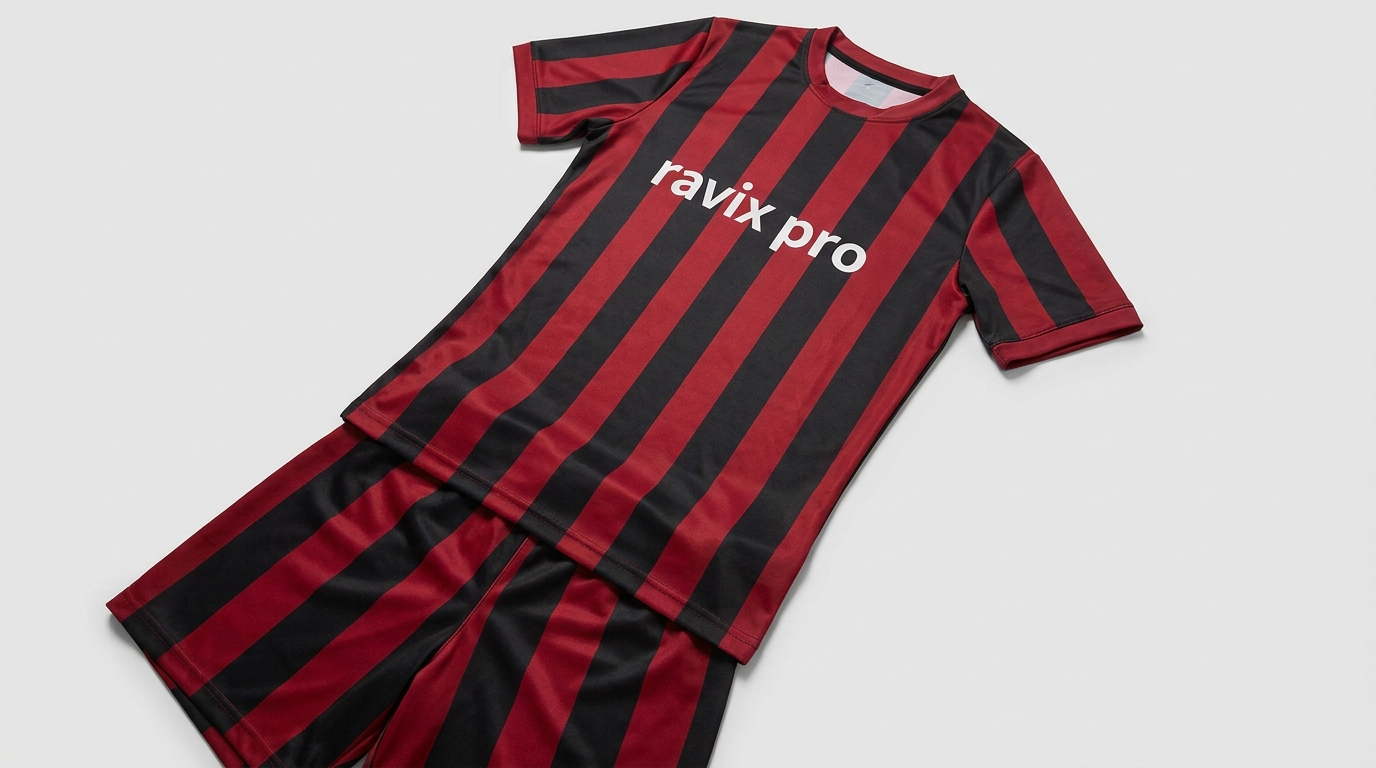 Custom Red and Black Stripe Soccer Kit Custom Red and Black Stripe Soccer Kit – front and back view, custom manufactured by Ravix Pro Industry, Sialkot