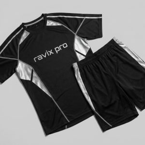 Custom Black and Silver Panel Soccer Kit – front and back view, custom manufactured by Ravix Pro Industry, Sialkot